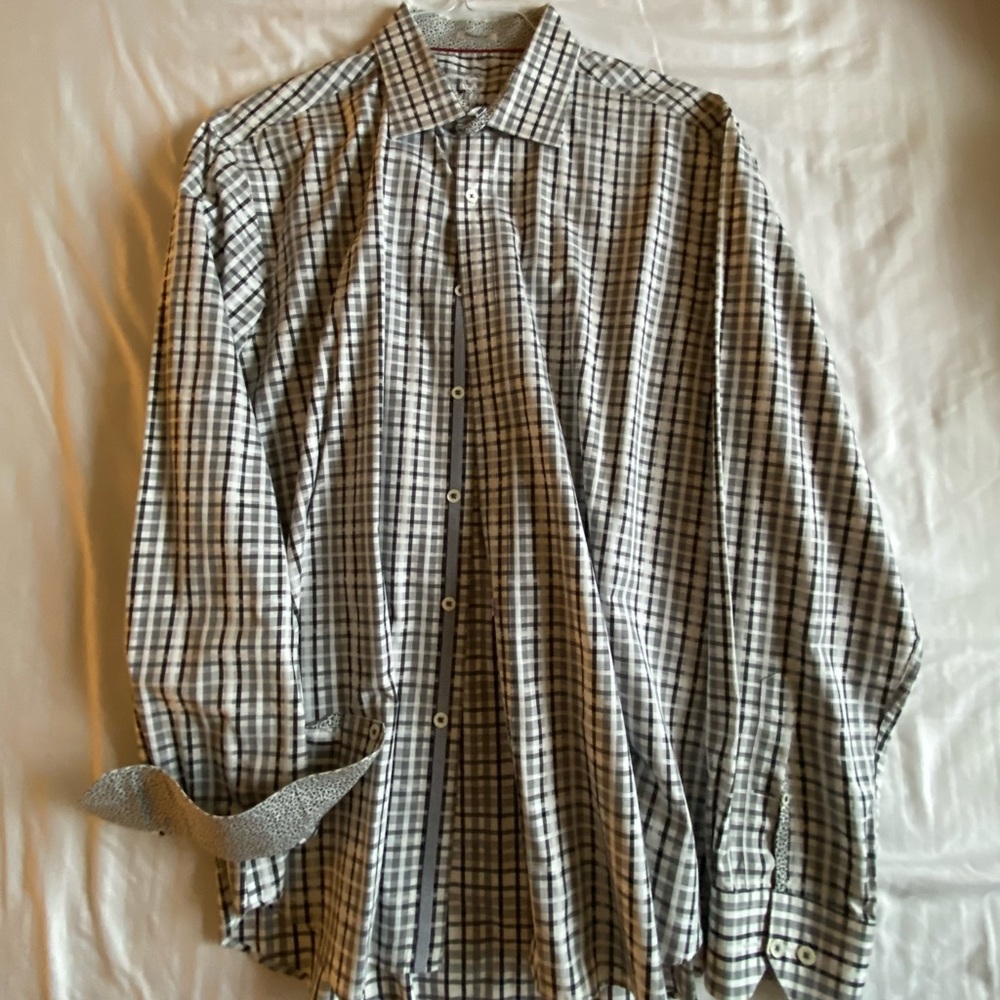 Bugatchi Shaped Fit Check Cotton Button-Up Shirt Black & White Large